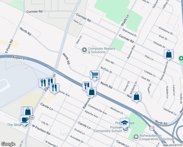 map of restaurants, bars, coffee shops, grocery stores, and more near 2460 Shady Lane in Green Bay
