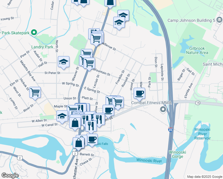 map of restaurants, bars, coffee shops, grocery stores, and more near 8B Franklin St in Winooski