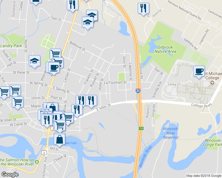map of restaurants, bars, coffee shops, grocery stores, and more near 51 Manseau Street in Winooski
