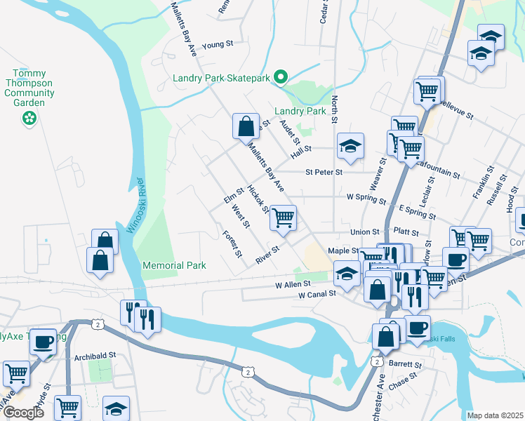 map of restaurants, bars, coffee shops, grocery stores, and more near 118 Hickok Street in Winooski