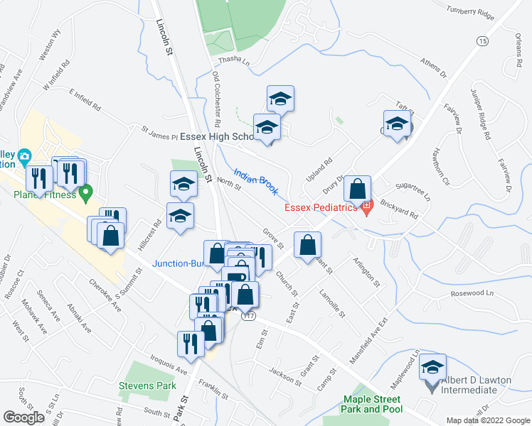 map of restaurants, bars, coffee shops, grocery stores, and more near 16 North Street in Essex