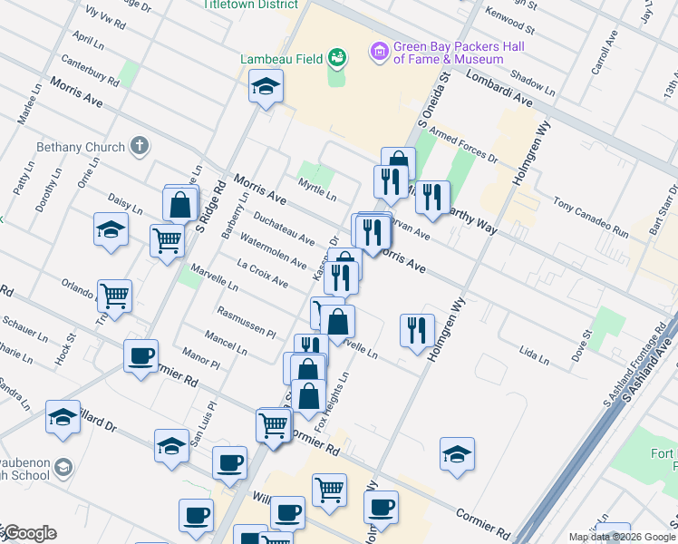 map of restaurants, bars, coffee shops, grocery stores, and more near 2122 South Oneida Street in Green Bay