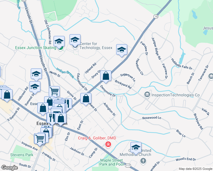map of restaurants, bars, coffee shops, grocery stores, and more near 87 Main Street in Essex Junction