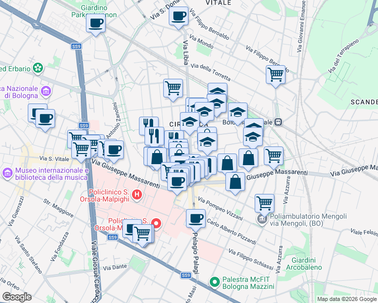 map of restaurants, bars, coffee shops, grocery stores, and more near 24 Via Gianni Palmieri in Bologna