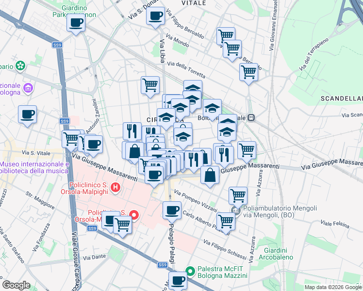 map of restaurants, bars, coffee shops, grocery stores, and more near 24 Via Gianni Palmieri in Bologna