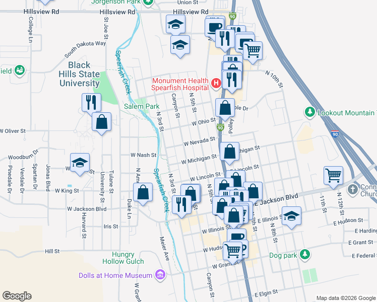 map of restaurants, bars, coffee shops, grocery stores, and more near 1120 North Canyon Street in Spearfish