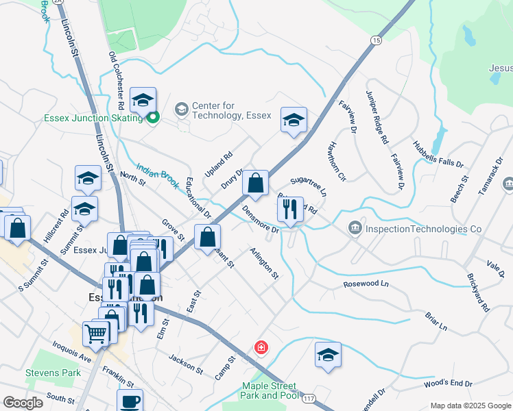 map of restaurants, bars, coffee shops, grocery stores, and more near 87 Main Street in Essex Junction