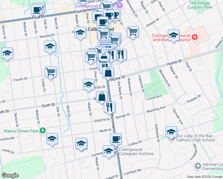 map of restaurants, bars, coffee shops, grocery stores, and more near 345 Hurontario Street in Collingwood