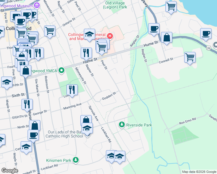 map of restaurants, bars, coffee shops, grocery stores, and more near 25 Dillon Drive in Collingwood