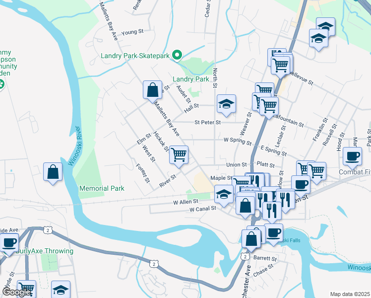 map of restaurants, bars, coffee shops, grocery stores, and more near 136B Malletts Bay Avenue in Winooski