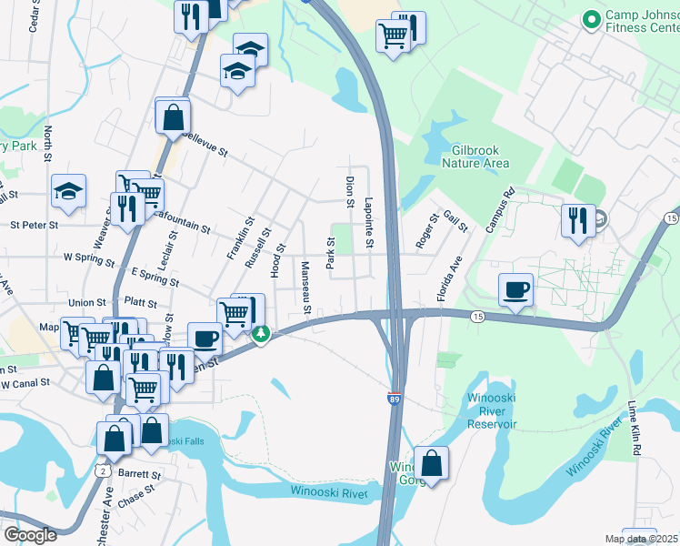 map of restaurants, bars, coffee shops, grocery stores, and more near 21 Corrine Street in Winooski