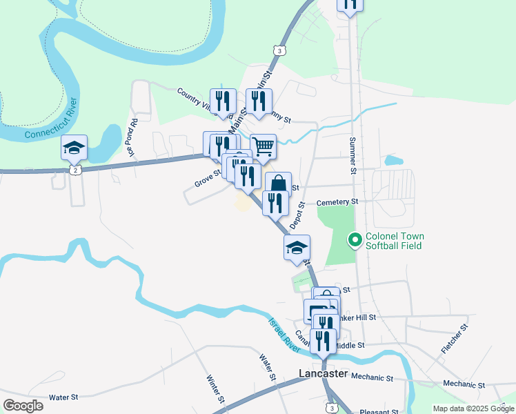 map of restaurants, bars, coffee shops, grocery stores, and more near 194 Main Street in Lancaster
