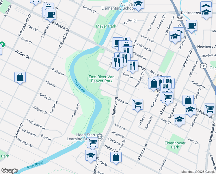 map of restaurants, bars, coffee shops, grocery stores, and more near 1598 Edison Street in Green Bay