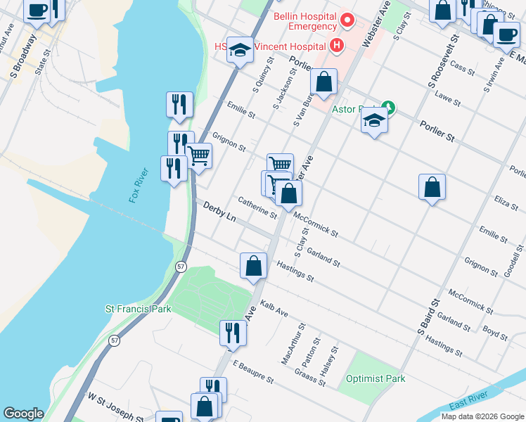 map of restaurants, bars, coffee shops, grocery stores, and more near 910 Catherine Street in Green Bay