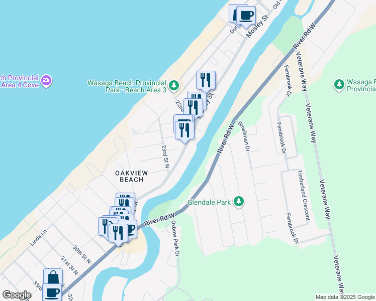 map of restaurants, bars, coffee shops, grocery stores, and more near 1073 Mosley Street in Wasaga Beach
