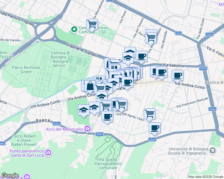 map of restaurants, bars, coffee shops, grocery stores, and more near 141 Via Andrea Costa in Bologna