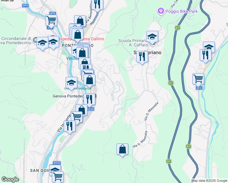 map of restaurants, bars, coffee shops, grocery stores, and more near 1 Via Domenico Carli in Genova