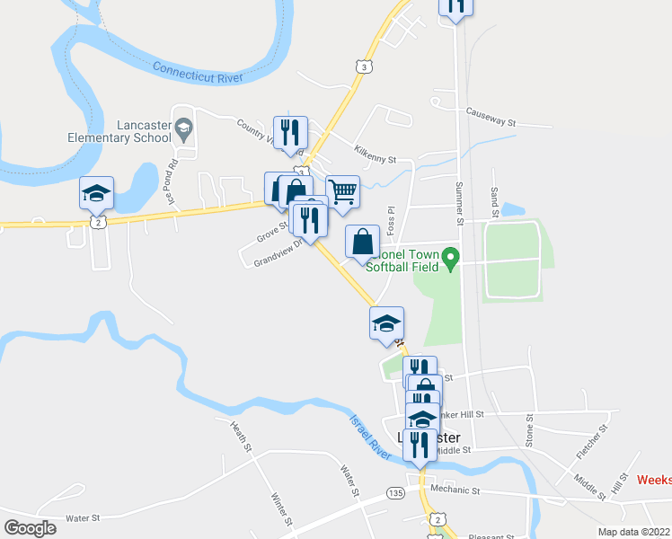 map of restaurants, bars, coffee shops, grocery stores, and more near 194 Main Street in Lancaster