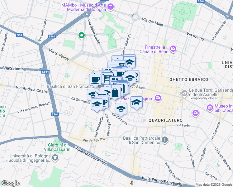 map of restaurants, bars, coffee shops, grocery stores, and more near 14 Piazza San Francesco in Bologna