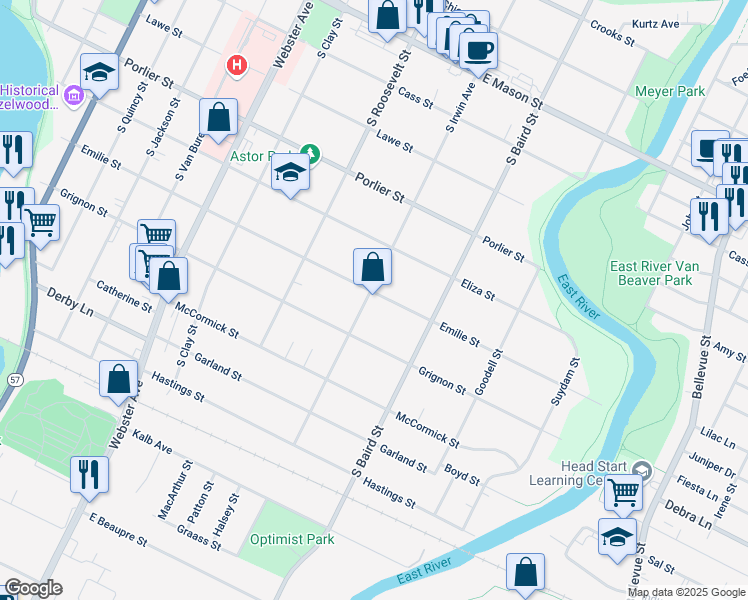 map of restaurants, bars, coffee shops, grocery stores, and more near 1302 Emilie Street in Green Bay