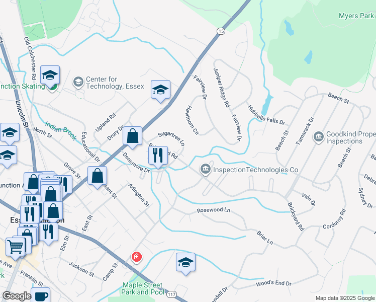 map of restaurants, bars, coffee shops, grocery stores, and more near 12 Sugartree Lane in Essex