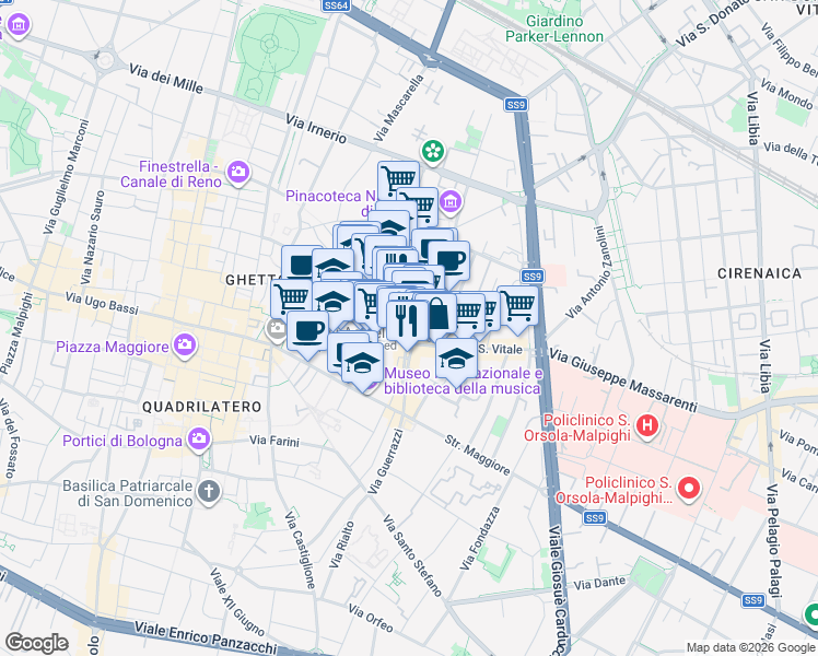 map of restaurants, bars, coffee shops, grocery stores, and more near 4 Via Giuseppe Petroni in Bologna