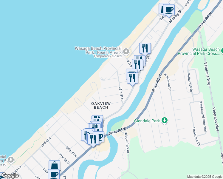 map of restaurants, bars, coffee shops, grocery stores, and more near 23 6th Lane in Wasaga Beach