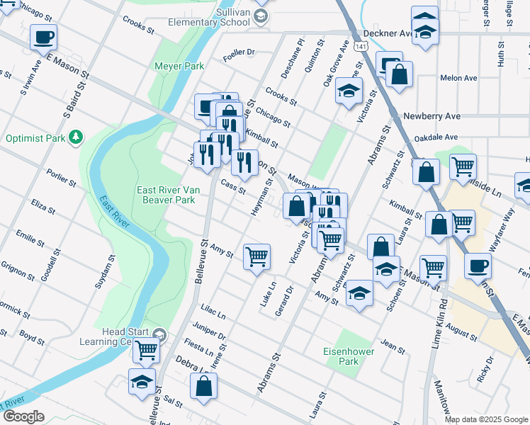 map of restaurants, bars, coffee shops, grocery stores, and more near 1640 Cass Street in Green Bay
