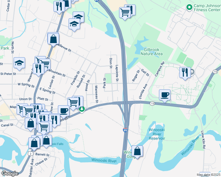 map of restaurants, bars, coffee shops, grocery stores, and more near 21 Corrine Street in Winooski