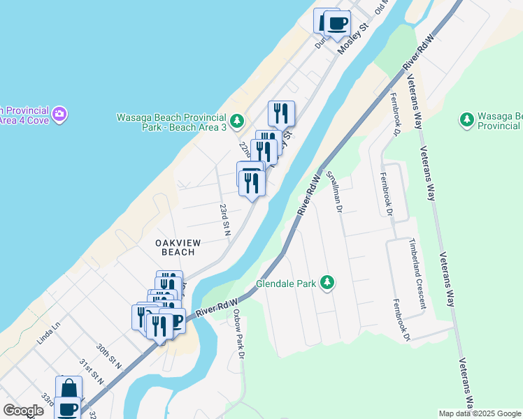 map of restaurants, bars, coffee shops, grocery stores, and more near 1073 Mosley Street in Wasaga Beach
