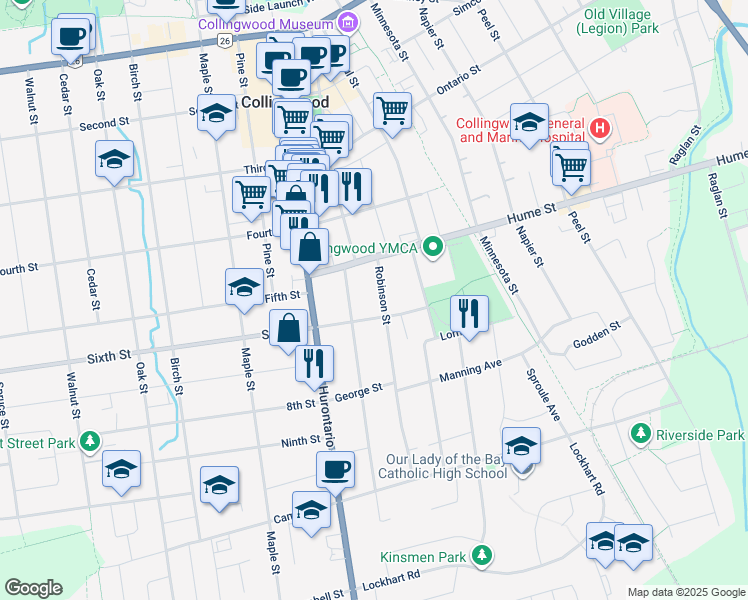 map of restaurants, bars, coffee shops, grocery stores, and more near in Collingwood