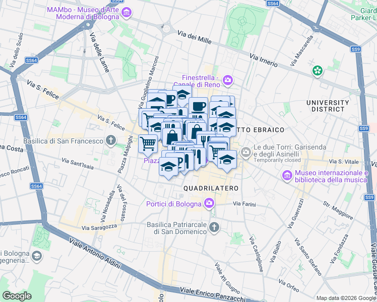map of restaurants, bars, coffee shops, grocery stores, and more near 2A Via Ugo Bassi in Bologna