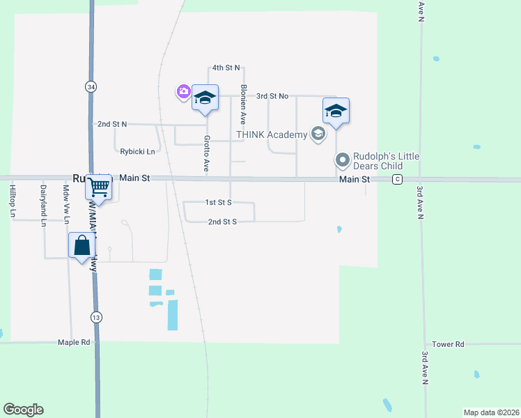 map of restaurants, bars, coffee shops, grocery stores, and more near 1490 2nd Street South in Rudolph