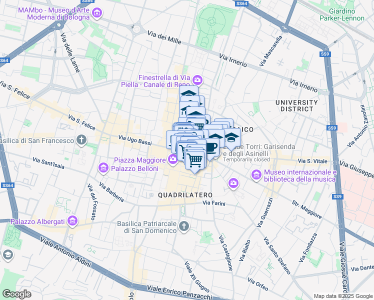 map of restaurants, bars, coffee shops, grocery stores, and more near 16 Via Rizzoli in Bologna