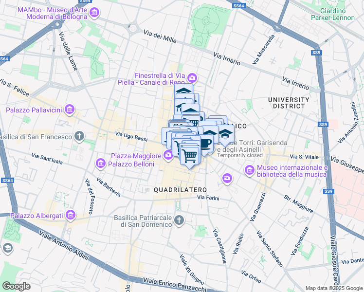 map of restaurants, bars, coffee shops, grocery stores, and more near 16 Via Rizzoli in Bologna