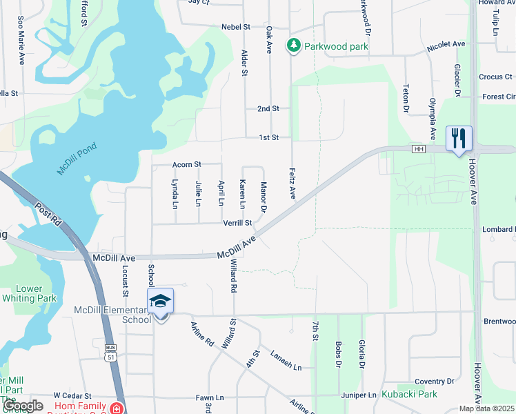 map of restaurants, bars, coffee shops, grocery stores, and more near 1908 Karen Lane in Stevens Point