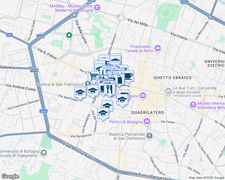 map of restaurants, bars, coffee shops, grocery stores, and more near 2 Via Cesare Battisti in Bologna
