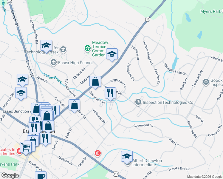 map of restaurants, bars, coffee shops, grocery stores, and more near 17 Brickyard Road in Essex Junction