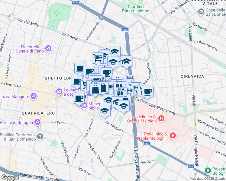 map of restaurants, bars, coffee shops, grocery stores, and more near 5 Via Sant'Apollonia in Bologna