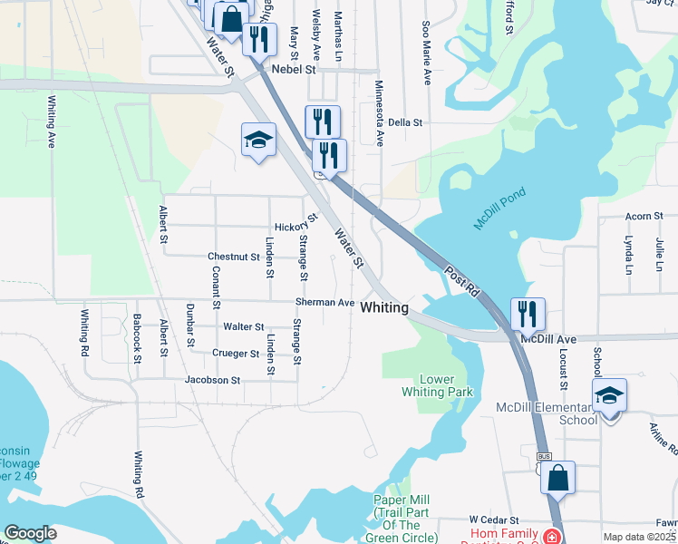 map of restaurants, bars, coffee shops, grocery stores, and more near 215 Sherman Avenue in Stevens Point