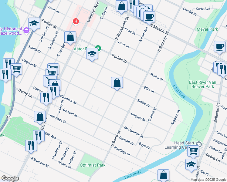 map of restaurants, bars, coffee shops, grocery stores, and more near 1302 Emilie Street in Green Bay