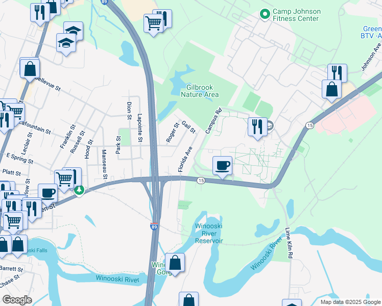 map of restaurants, bars, coffee shops, grocery stores, and more near 9 Florida Avenue in Winooski