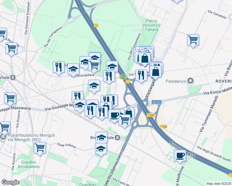 map of restaurants, bars, coffee shops, grocery stores, and more near 13 Via Luca della Robbia in Bologna