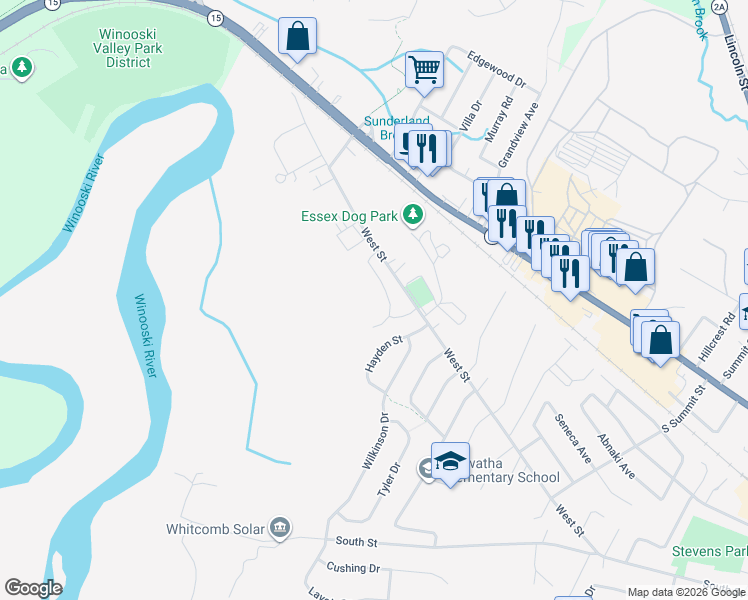 map of restaurants, bars, coffee shops, grocery stores, and more near 128 West Street in Essex