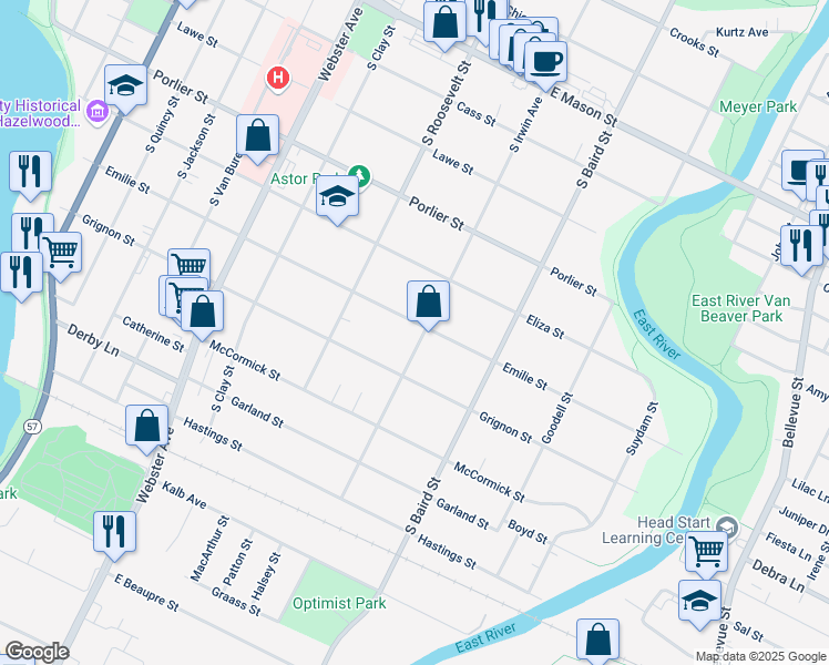 map of restaurants, bars, coffee shops, grocery stores, and more near 1302 Emilie Street in Green Bay