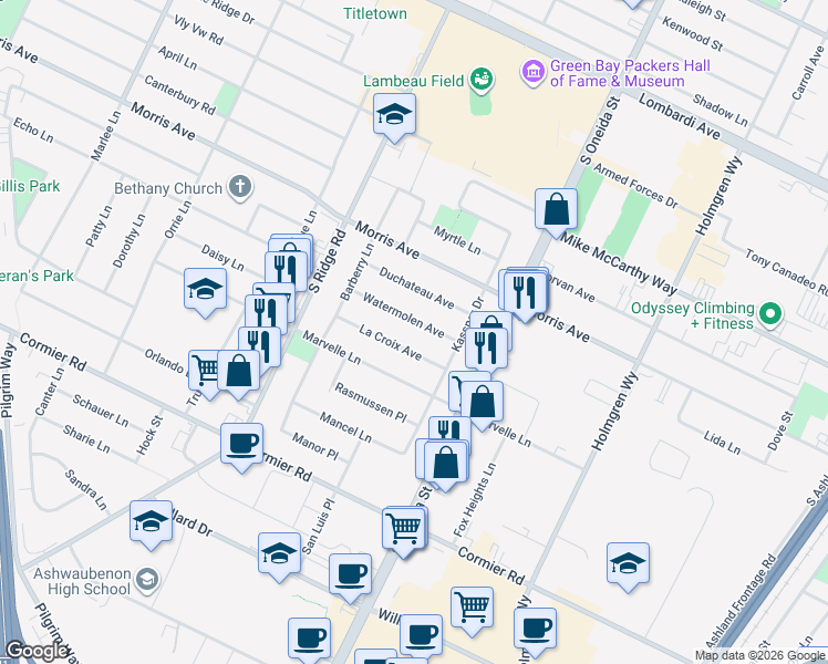 map of restaurants, bars, coffee shops, grocery stores, and more near 936 La Croix Avenue in Green Bay