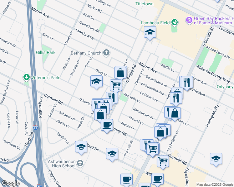 map of restaurants, bars, coffee shops, grocery stores, and more near 2199 South Ridge Road in Green Bay