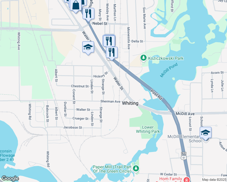 map of restaurants, bars, coffee shops, grocery stores, and more near 215 Sherman Avenue in Stevens Point