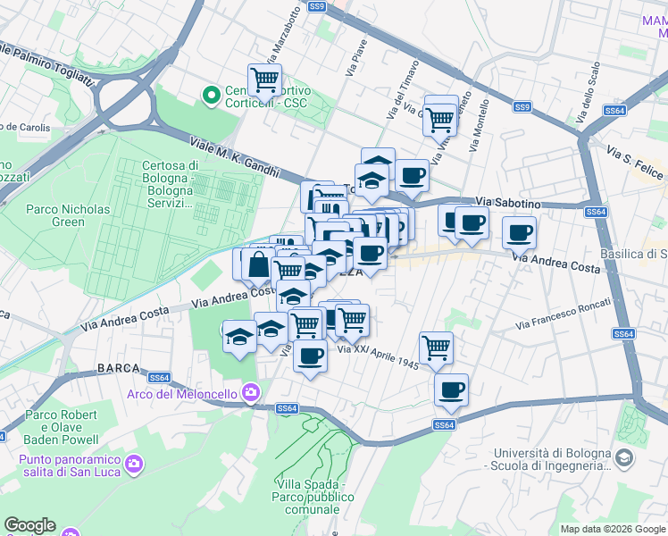 map of restaurants, bars, coffee shops, grocery stores, and more near 141 Via Andrea Costa in Bologna