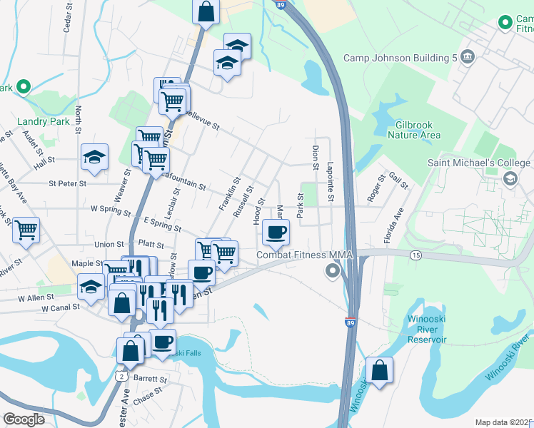 map of restaurants, bars, coffee shops, grocery stores, and more near in Winooski